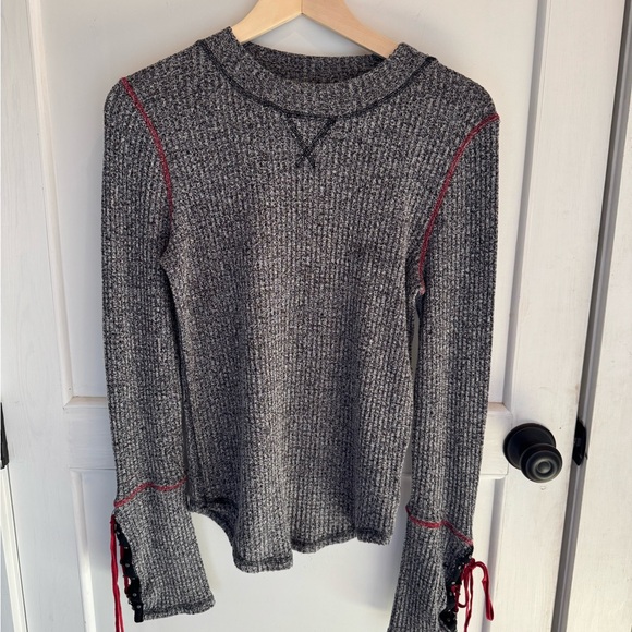 Free People Sweaters - Free People Black and White Waffle Knit Sweater with Lace Up Detail Sleeves